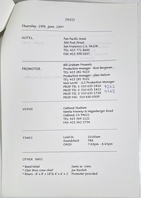 Lot 527 - OASIS - BE HERE NOW TOUR SETLISTS AND DOCUMENTS FROM DRUM TECH.