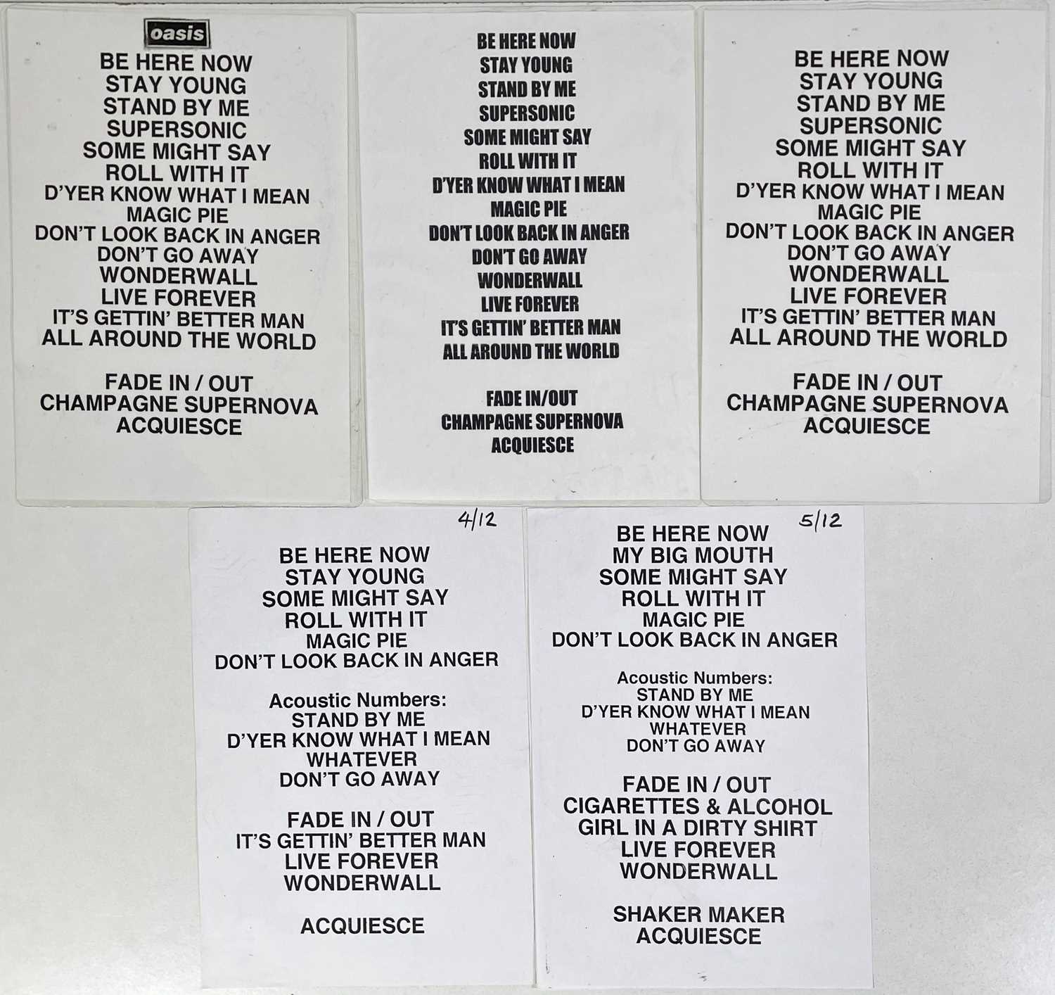 Lot 527 - OASIS - BE HERE NOW TOUR SETLISTS AND