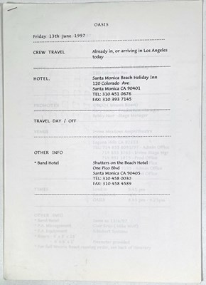 Lot 527 - OASIS - BE HERE NOW TOUR SETLISTS AND DOCUMENTS FROM DRUM TECH.