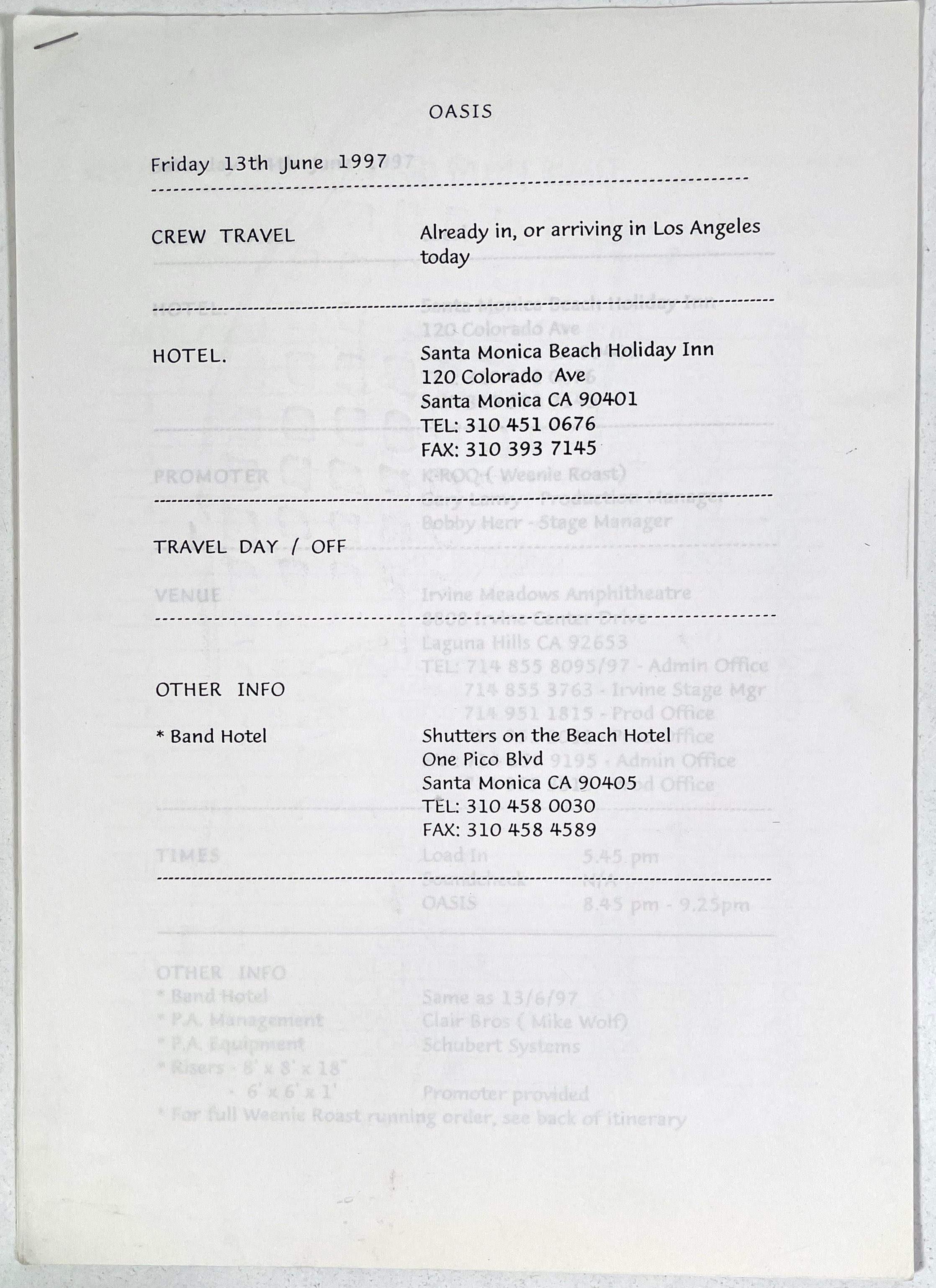 Lot 527 - OASIS - BE HERE NOW TOUR SETLISTS AND