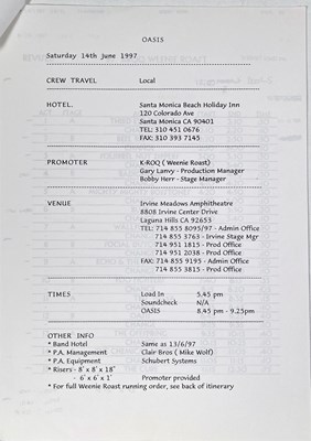 Lot 527 - OASIS - BE HERE NOW TOUR SETLISTS AND DOCUMENTS FROM DRUM TECH.