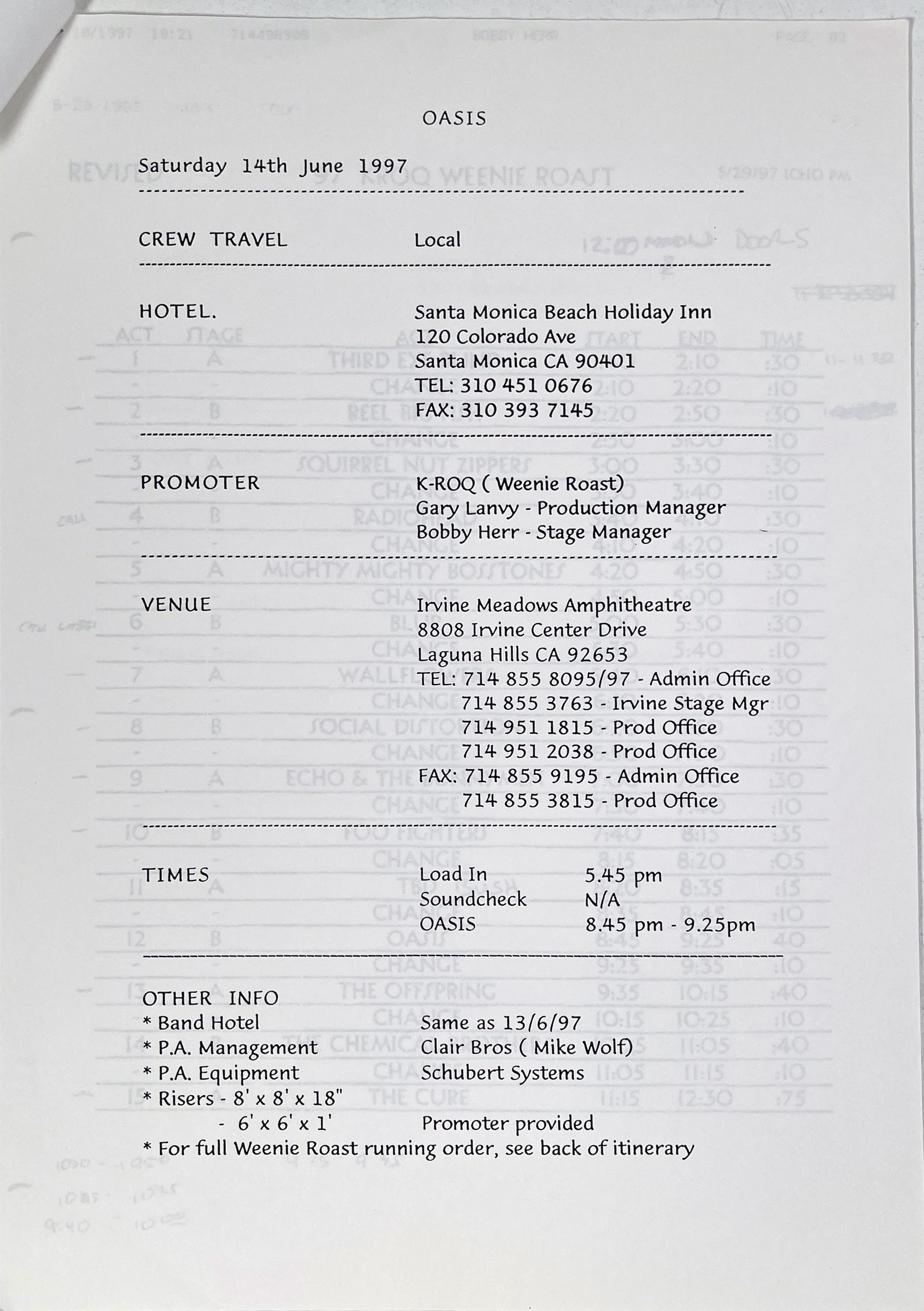 Lot 527 - OASIS - BE HERE NOW TOUR SETLISTS AND