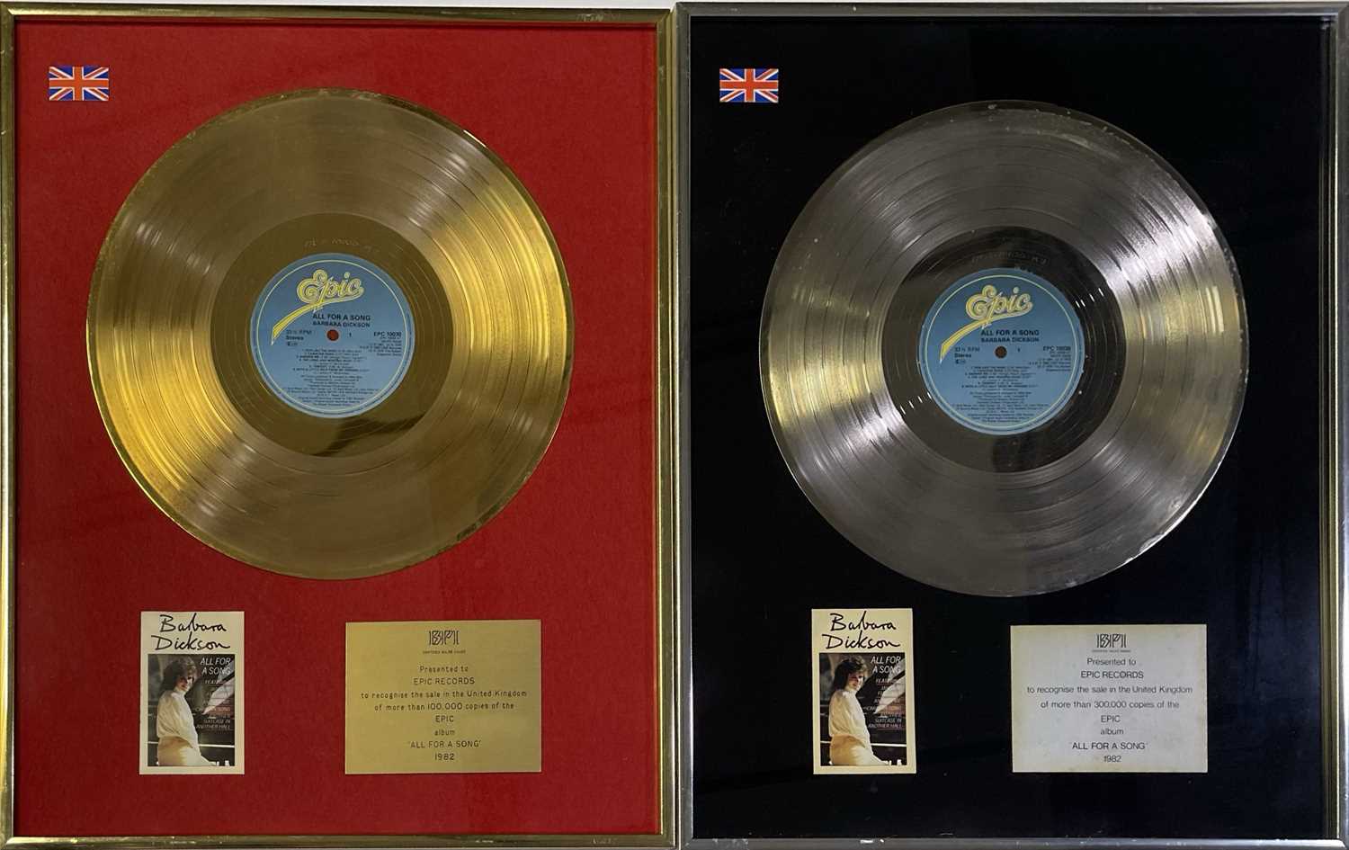 Lot 336 - BARBARA DICKSON - OFFICIAL BPI SILVER AND GOLD DISC AWARDS - BOTH SIGNED.