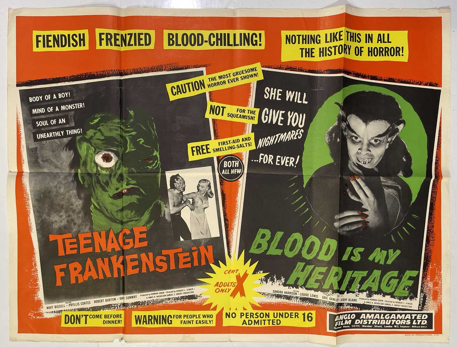 Lot 184 - TEENAGE FRANKENSTEIN / BLOOD IS MY HERITAGE (1957) - ORIGINAL UK QUAD POSTER.