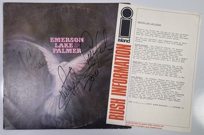 Lot 21 - EMERSON, LAKE AND PALMER - FULLY SIGNED SELF TITLED LP WITH PROMO SHEET.