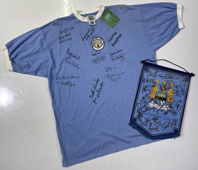 Lot 330 - MANCHESTER CITY - MULTI-SIGNED LEGENDS FOOTBALL SHIRT AND SIGNED PENNANT.