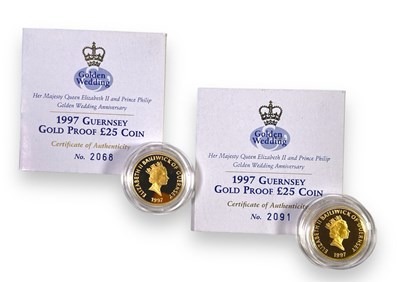 Lot 59 - COLLECTABLE COINS - TWO 1997 GUERNSEY PROOF GOLD COINS.