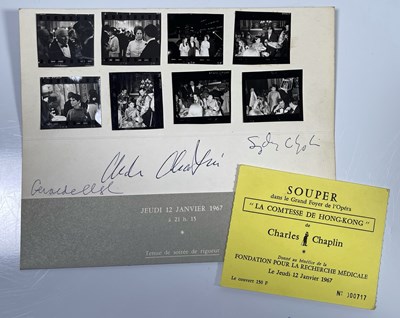 Lot 141 - CHARLIE CHAPLIN - SIGNED CARD AND ORIGINAL IMAGES FROM 1967 GALA DINNER.