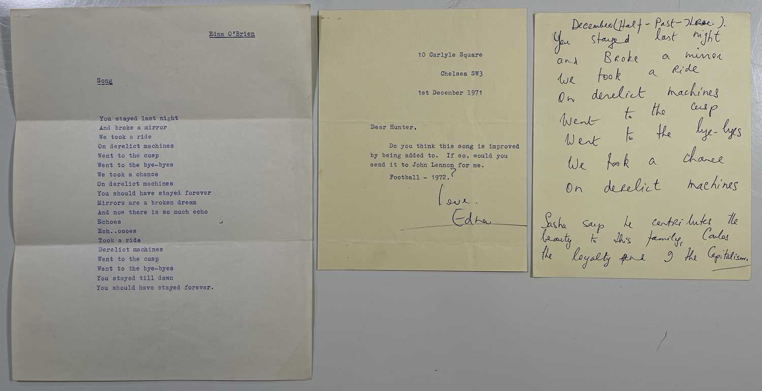 Lot 416 - THE BEATLES INTEREST - HANDWRITTEN LYRICS BY NOVELIST EDNA O'BRIEN FOR THE ATTENTION OF JOHN LENNON.