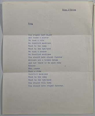 Lot 416 - THE BEATLES INTEREST - HANDWRITTEN LYRICS BY NOVELIST EDNA O'BRIEN FOR THE ATTENTION OF JOHN LENNON.