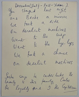 Lot 416 - THE BEATLES INTEREST - HANDWRITTEN LYRICS BY NOVELIST EDNA O'BRIEN FOR THE ATTENTION OF JOHN LENNON.