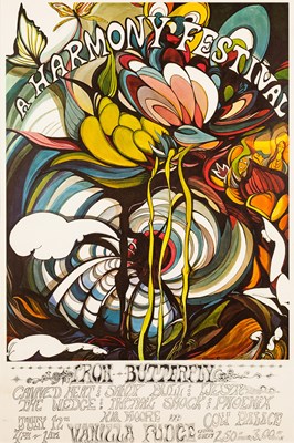 Lot 17 - IRON BUTTERFLY / CANNED HEAT AND MORE - LATER REPRINT OF 1969 HARMONY FESTIVAL POSTER.