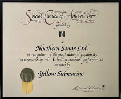 Lot 444 - THE BEATLES - ORIGINAL BMI AWARD FOR 'YELLOW SUBMARINE'.