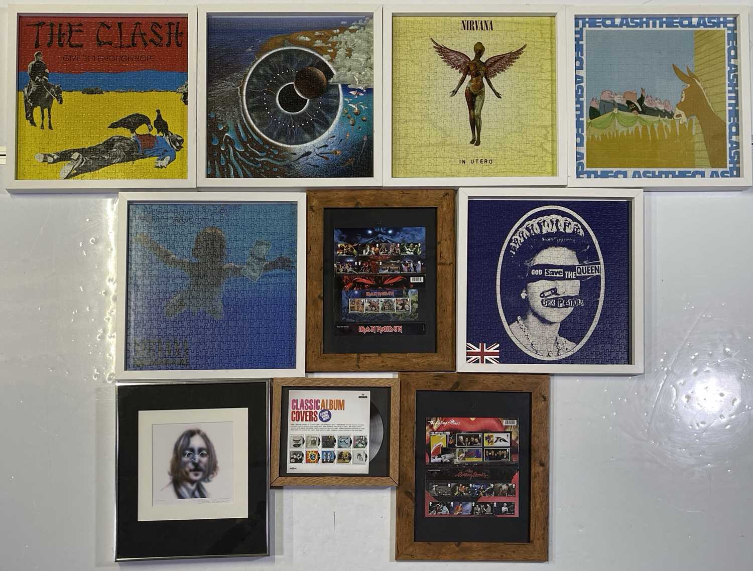 Lot 68 - FRAMED MUSIC MEMORABILIA - INC ALBUM COVER JIGSAWS / STAN KAMINSKI LENNON PRINT.