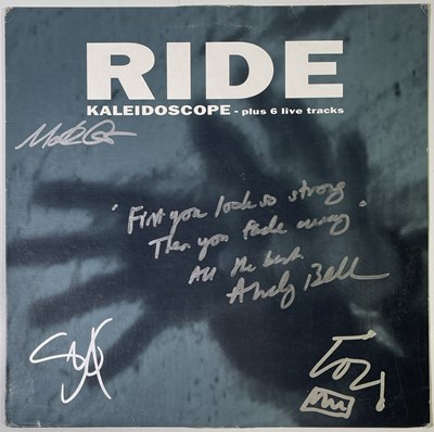 Lot 338 - RIDE - FULLY SIGNED SLEEVE WITH HANDWRITTEN LYRICS.