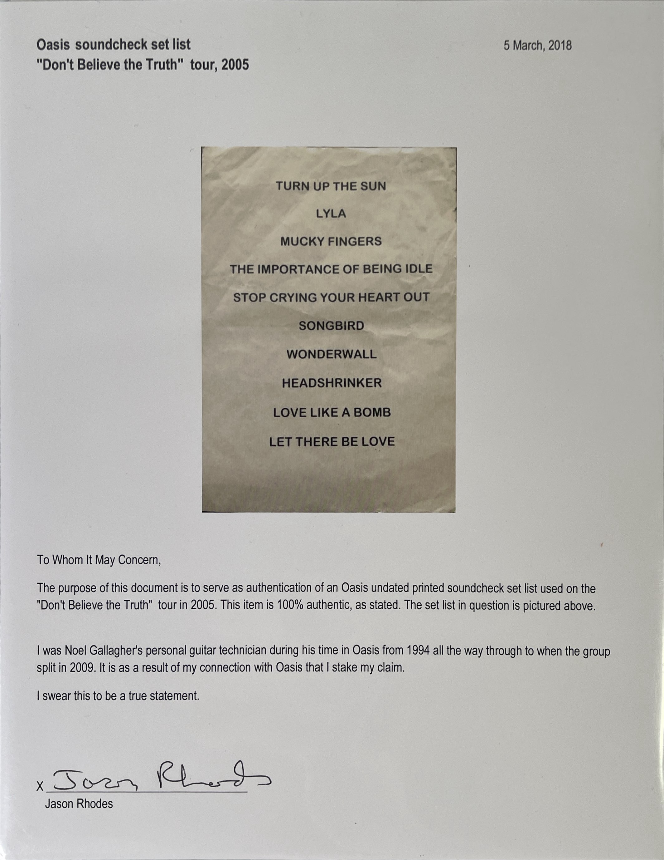 Lot 343 - OASIS - CONCERT SETLIST AND SIGNED
