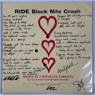 Lot 526 - RIDE - FULLY SIGNED 'BLACK NITE CRASH' WITH LYRIC SLEEVE.