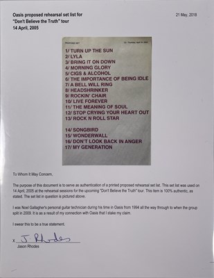 Lot 547 - OASIS - SETLIST AND SIGNED ITEMS.