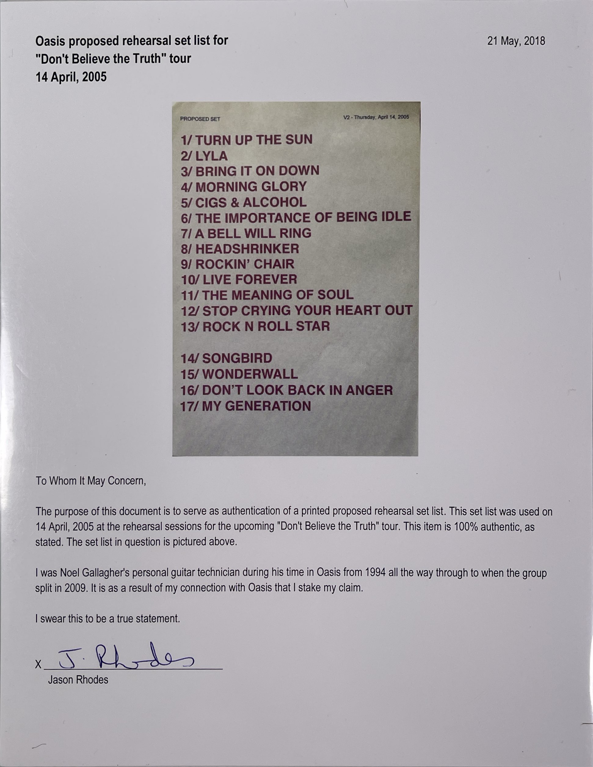 Oasis Setlist Example Lot 547 - OASIS - SETLIST AND SIGNED ITEMS.