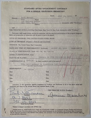 Lot 143 - PAUL NEWMAN - A SIGNED 1956 CONTRACT PAGE.