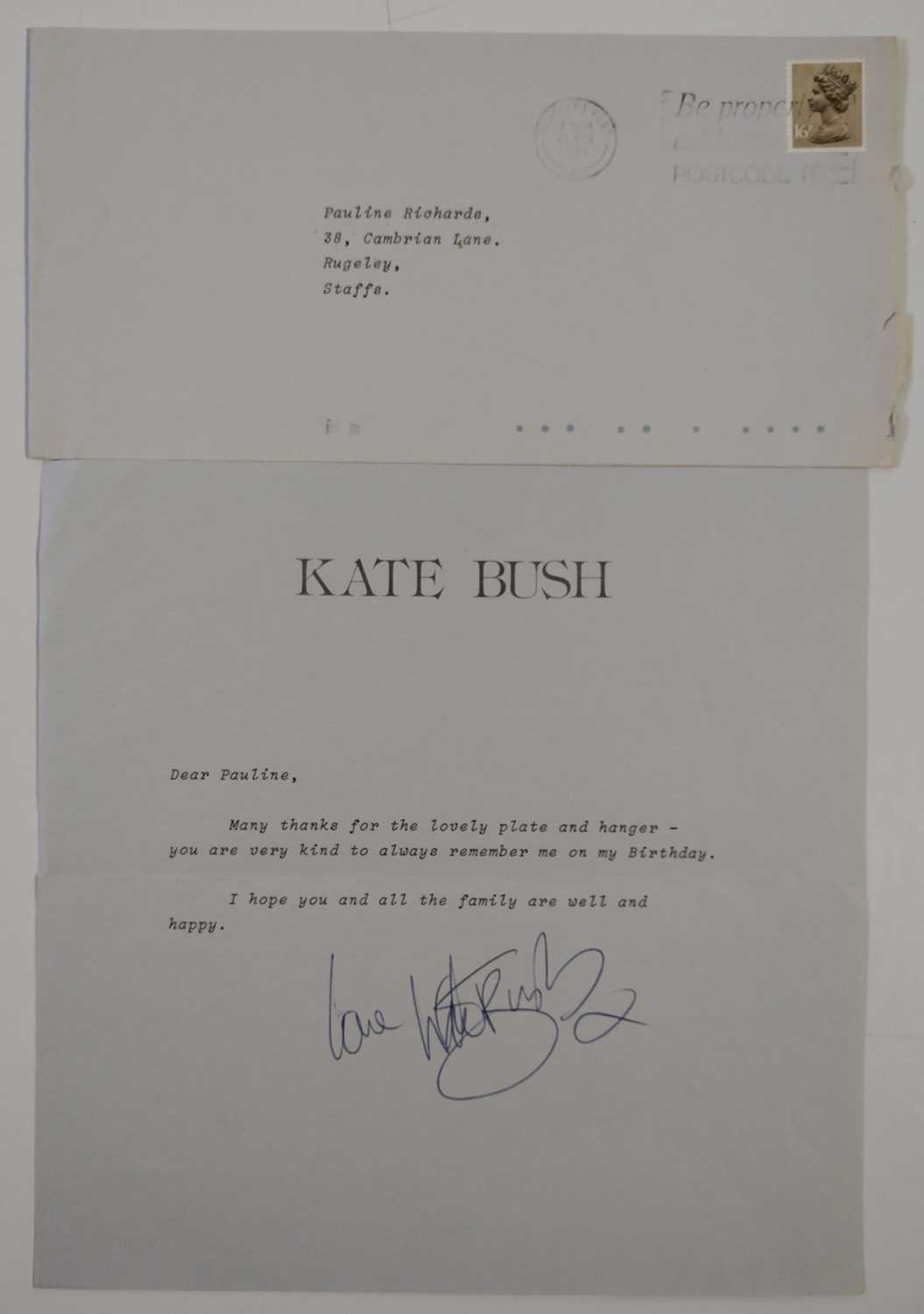 Lot 19 - KATE BUSH- HAND SIGNED NOTE.