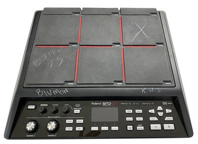 Lot 223 - ROLAND SPD-SX ELECTRONIC DRUM SAMPLING PAD & BOX OF PATCH LEADS, JACK PLUGS & BEHRINGER ULTRA DI BOX