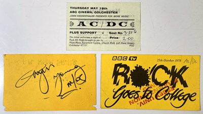 Lot 492 - AC/DC - ANGUS YOUNG AUTOGRAPH AND TICKET PAIR FOR COLCHESTER CONCERTS IN MAY/OCTOBER 1978.