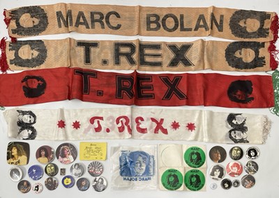 Lot 506 - MARC BOLAN / T. REX - ORIGINAL CONCERT SILK SCARVES AND PIN BADGE COLLECTION. ﻿