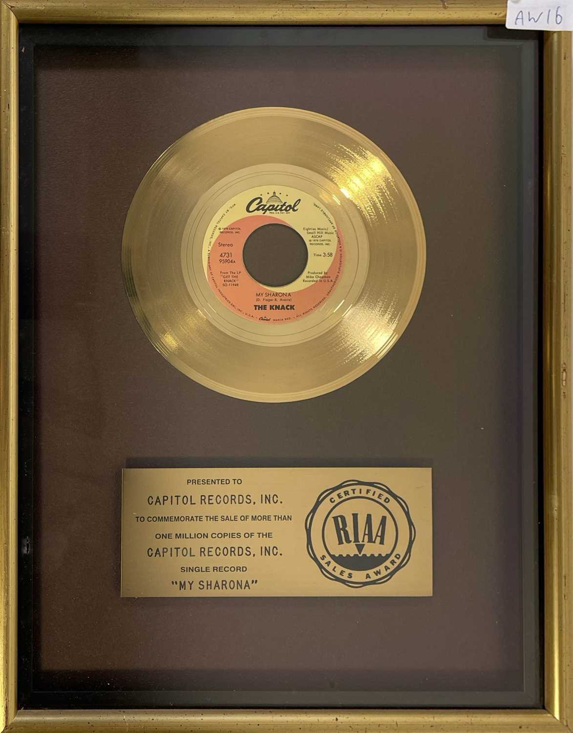 Lot 394 - THE KNACK - MY SHARONA- OFFICIAL RIAA GOLD