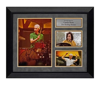 Lot 369 - ROLLING STONES INTEREST - CHARLIE WATTS - FRAMED AND SIGNED DISPLAY.