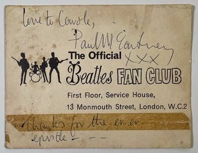 Lot 374 - THE BEATLES - PAUL MCCARTNEY SIGNED FAN CLUB CARD.