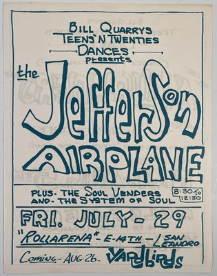 Lot 372 - JEFFERSON AIRPLANE / YARDBIRDS - ORIGINAL 'BILL QUARRY' HANDBILL, 1966. ﻿