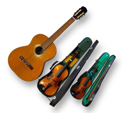 Lot 36 - ACOUSTIC GUITAR & TWO VIOLINS