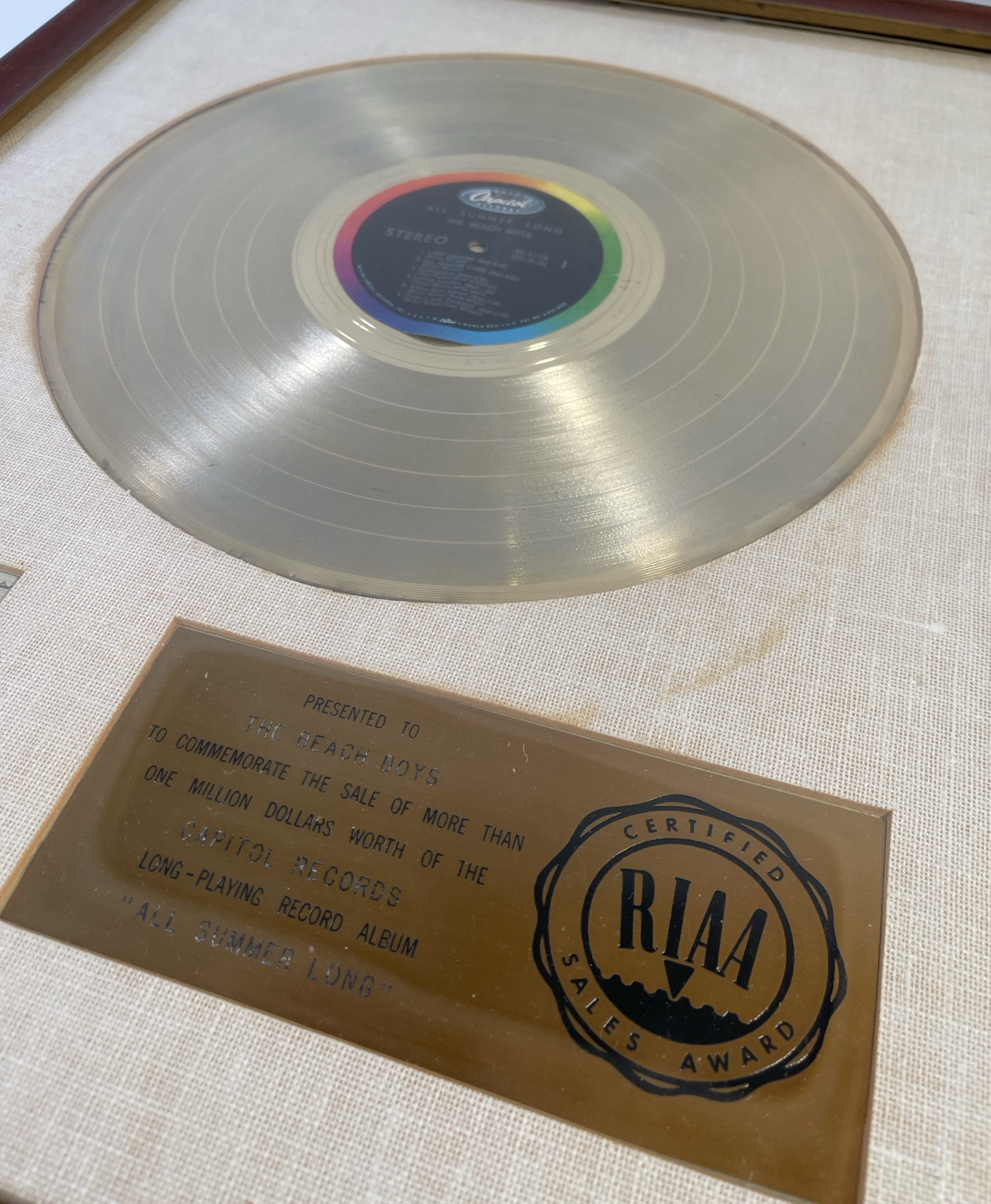 Lot 425 - THE BEACH BOYS - ALL SUMMER LONG RIAA GOLD