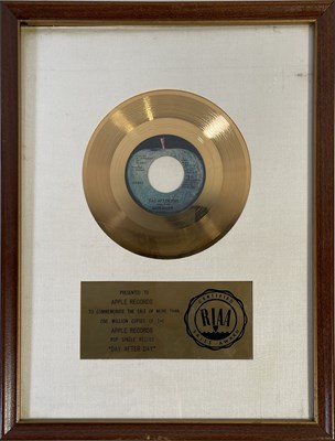 Lot 427 - THE BEATLES INTEREST - ORIGINAL RIAA GOLD RECORD AWARD PRESENTED TO APPLE FOR 'DAY AFTER DAY'.