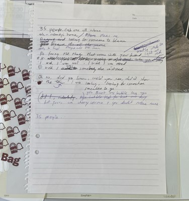 Lot 532 - RIDE - ANDY BELL - HANDWRITTEN LYRICS, SIGNED ITEMS.