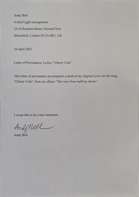 Lot 532 - RIDE - ANDY BELL - HANDWRITTEN LYRICS, SIGNED ITEMS.