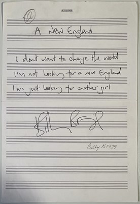 Lot 310 - BILLY BRAGG - HANDWRITTEN AND SIGNED BILLY BRAGG NEW ENGLAND LYRICS.