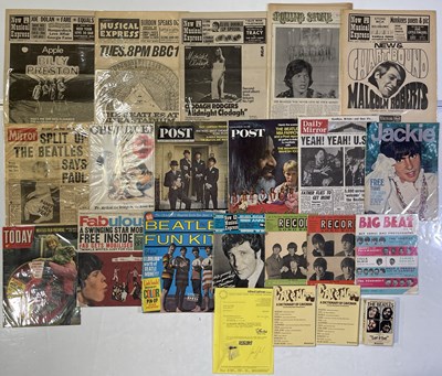 Lot 93 - MUSIC MAGAZINES AND NEWSPAPERS INC BEATLES 1964 HEADLINES AND BEATLES MEMORABILIA.