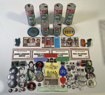 Lot 438 - THE BEATLES - BADGES / HEINEKEN BEER CANS.