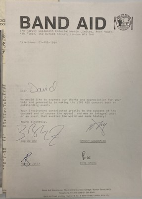 Lot 160 - LIVE AID CORRESPONDENCE AND SIGNED PAGE.