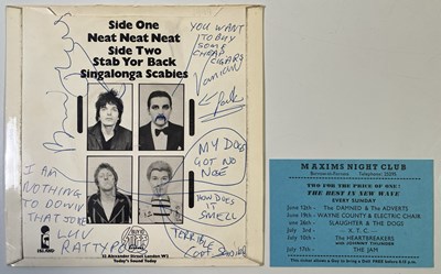 Lot 543 - THE DAMNED - FULLY SIGNED COPY OF 'NEAT NEAT NEAT' INC ORIGINAL 'MAXIMS' CLUB TICKET.