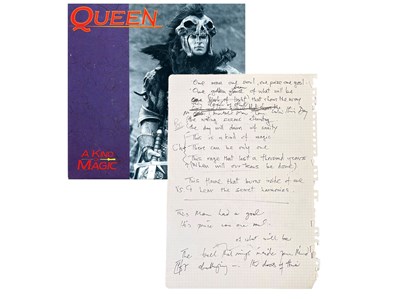 Lot 485 - QUEEN - FREDDIE MERCURY HANDWRITTEN LYRICS FOR 'A KIND OF MAGIC' AND ' WHO WANTS TO LIVE FOREVER'