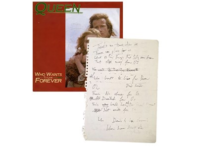 Lot 485 - QUEEN - FREDDIE MERCURY HANDWRITTEN LYRICS FOR 'A KIND OF MAGIC' AND ' WHO WANTS TO LIVE FOREVER'