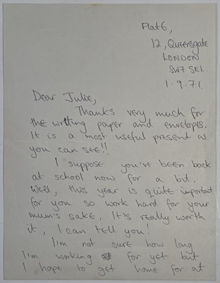 Lot 476 - QUEEN - HANDWRITTEN LETTER BY JOHN DEACON, SEPTEMBER 1971 ON THE RECORDING OF DEBUT SINGLE.