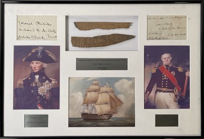 Lot 243008 - HMS VICTORY - FRAMED DISPLAY WITH PIECE OF THE SHIP AND SIGNED LETTERS FROM HORATIO NELSON AND BARONET THOMAS HARDY.