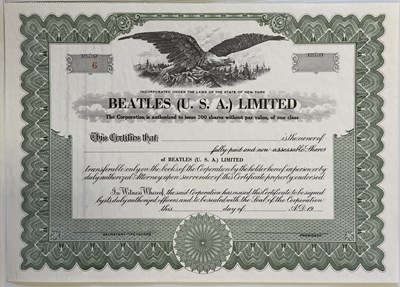 Lot 162 - BRIAN EPSTEIN SIGNED DOCUMENT AND BEATLES USA LTD SHARE CERTIFICATE