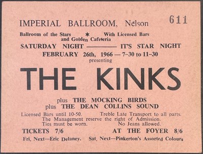 Lot 119 - THE KINKS - 1966 IMPERIAL BALLROOM NELSON TICKET STUB.