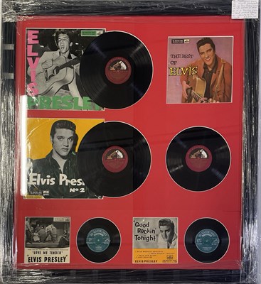 Lot 349 - ELVIS PRESLEY - ORIGINAL FRAMED DISPLAY WITH ALL ORIGINAL UK HMV RELEASES.