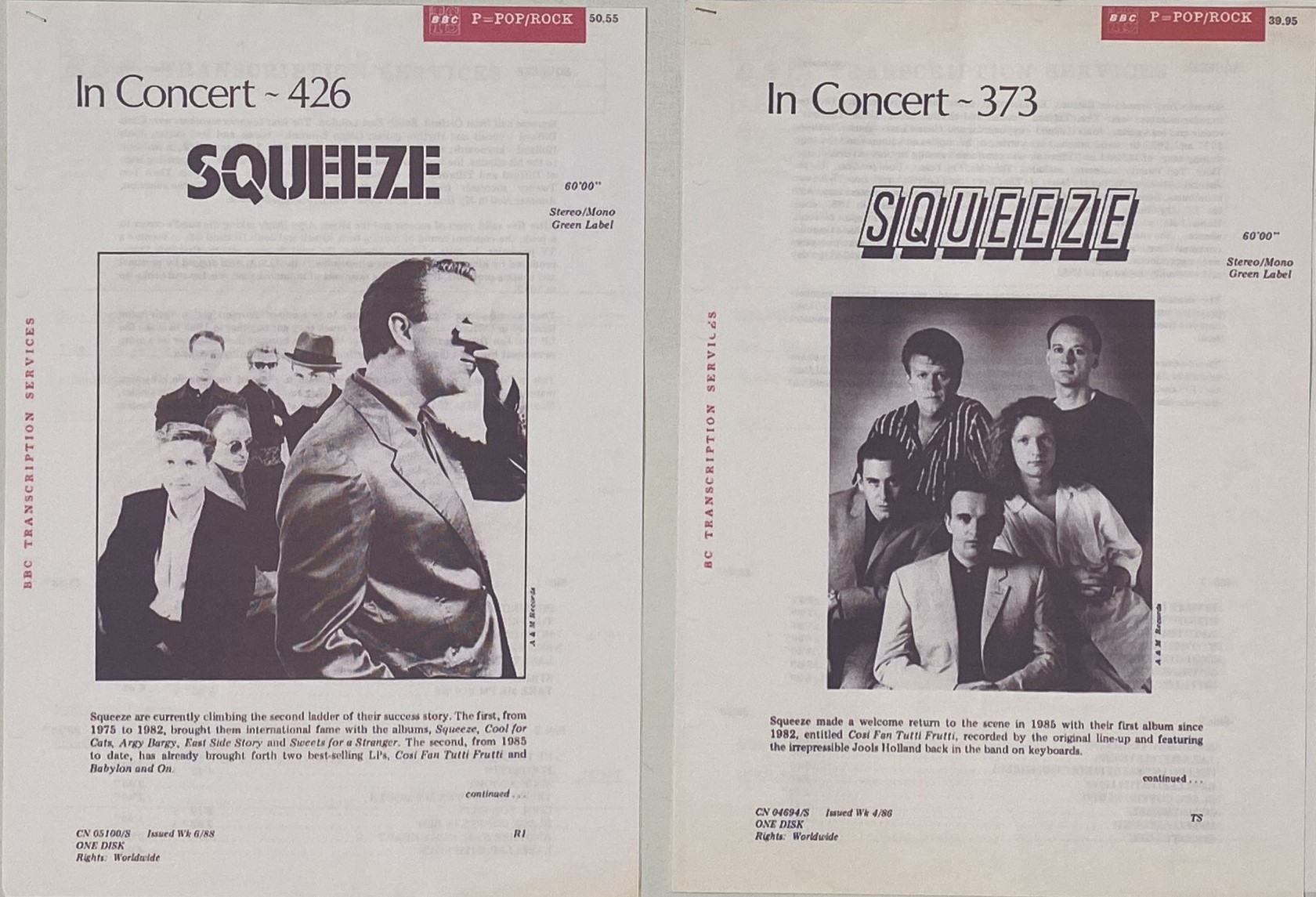 Lot 105 - SQUEEZE - ORIGINAL BBC TRANSCRIPTION 'IN